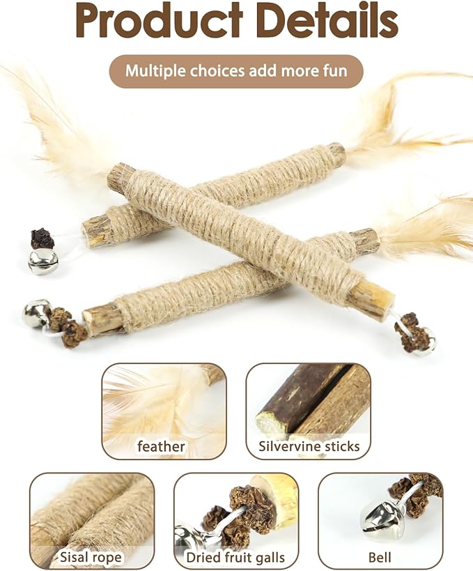 Tocirelo Kitten Teething Toys for Indoor Cats - 6Pack Silvervine Sticks Cat Enrichment Toys, Matatabi Cat Feather Toys with Bell, Cat Teeth Cleaning Treats, Cat Chew Sticks