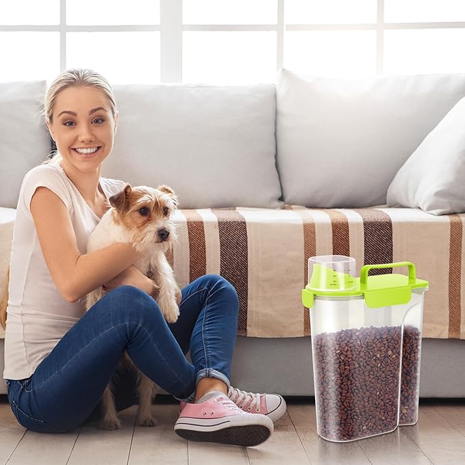 10 LBS Pet Storage Container Portable with Upgraded Large Spout and Cup,Plastic Dog Cat Food Dispenser for Small Animal Kibble, Bird Seed,Oatmeal,Rice,flour,brown sugart-2 Pack Sunshine Green