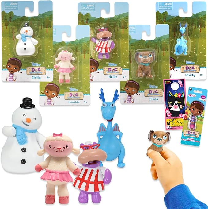 Doc McStuffins Mini Figures 5 Pack - Toy Bundle with 5 Doc McStuffins Cupcake Topper Figurines Including Lambie, Stuffy, and More Plus Stickers | Doc McStuffins Party Supplies