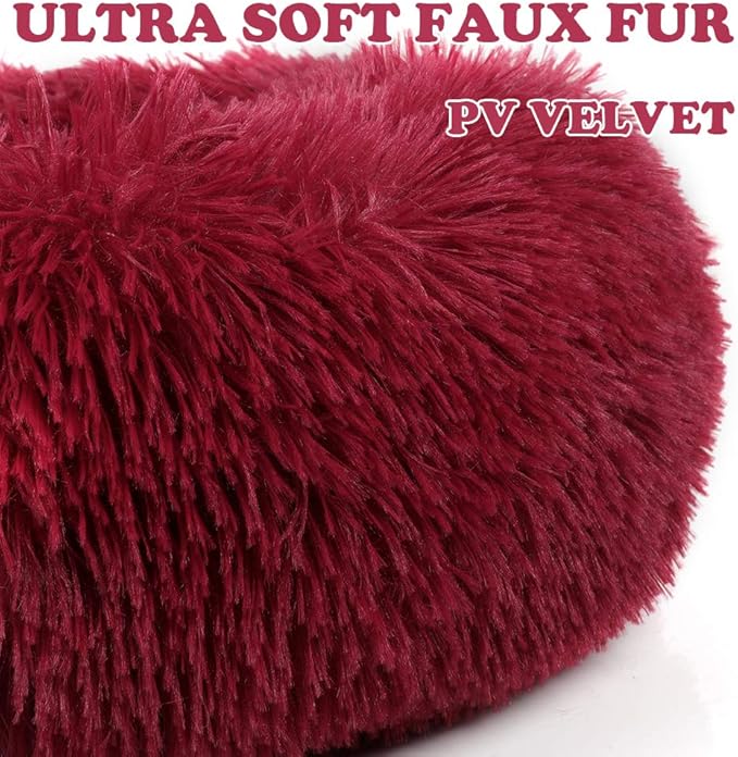 otoez Kitten Puppy Bed Extra Small XS Round Dog Cat Beds Anti Anxiety Plush Pet Calming Donut Bed with Non-Slip Waterproof Bottom, Washable (15.7", Dark Red)