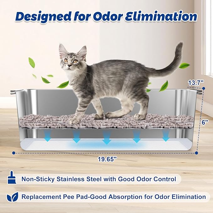 19.6''x13.7''x6'' Stainless Steel Sifting Litter Box for Pine Pellets, Stainless Steel Litter Box for Sifter Litter Pan System, Metal Litter Box with Footboard and Scoop, Odor Control, Easy Cleaning