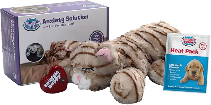 Original Snuggle Kitty Heartbeat Stuffed Cat Toy by Snuggle Puppy. Pet Anxiety Relief and Calming Aid for All Breed Sizes in Tan Tiger