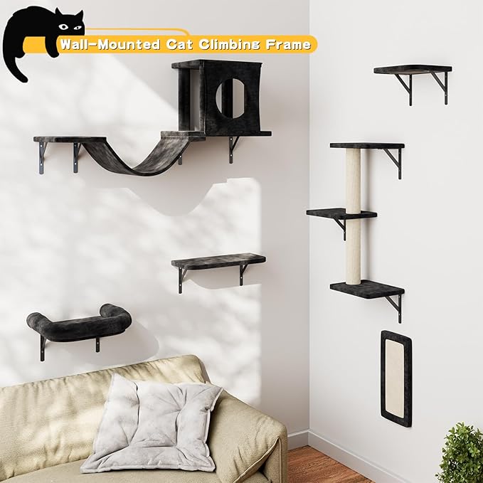 Wall Mounted Cat Furniture, 6pc Cat Wall Furniture, Cat Climber with Cat House, Bridge, Tree, Steps, and Scratcher, DIY Cat Walls Playground, Cat Shelves for Indoor Wall Furniture Set - Black