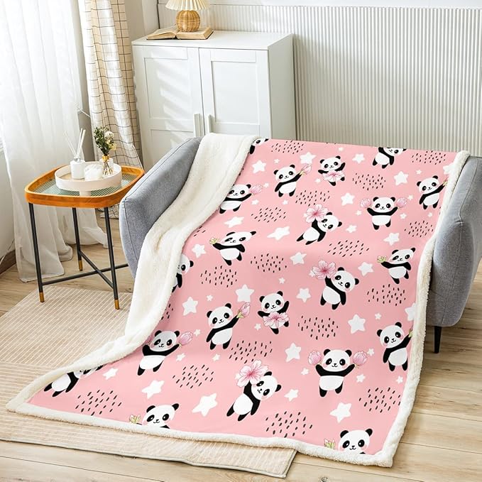 Erosebridal Kawaii Panda Sherpa Blanket for Girls, Pink Cherry Blossom Stars Throw for Bed Chair Twin Size, Cute Dots Fleece, Lovely Bear Animal Plush Microfiber Breathable