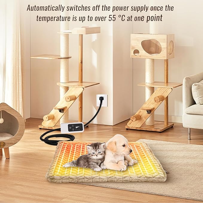 Heeyoo Pet Heating Pad, Adjustable Temperature Dog Cat Heating Pad with Timer, Waterproof Heated Dog Bed with Chew Resistant Cord, Auto Power-Off Indoor Pet Heated Mat for Dogs and Cats