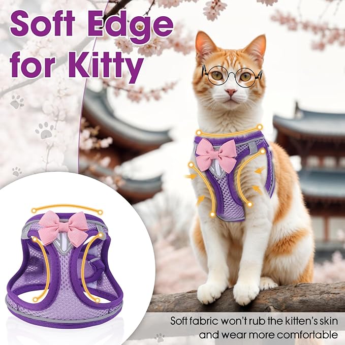 Cat Vest Harness and Leash Set for Walking Escape Proof, Adjustable Kitten Harness Breathable Mesh with Reflective Strips Harness for Kitty Puppy Bunny (Purple, S)