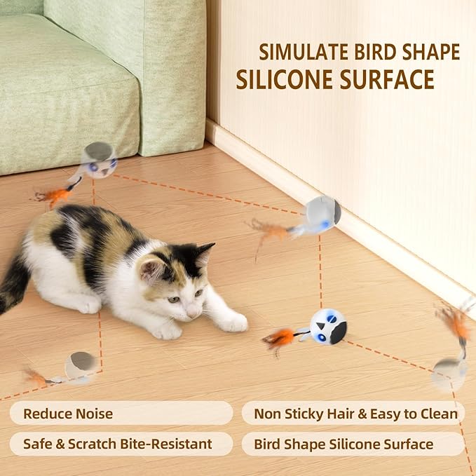 ORSDA Cat Toys, Interactive Cat Toys for Indoor Cats Automatic Moving Ball Bird for Bored Indoor Adult Cat Kitten Toys Ball, Motion Activated Fast Moving Chirping Stimulating Light Cats Toys, 2 Tails