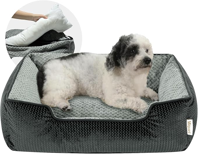 Miguel Medium Small Dog Bed with Washable Removable Cover - Rectangle Pet Bed for Indoor Cats with Bolster Soft Cuddle Bed for Puppies with Supportive Side Wall Non-Slip Bottom, Dark Gray 25 Inches