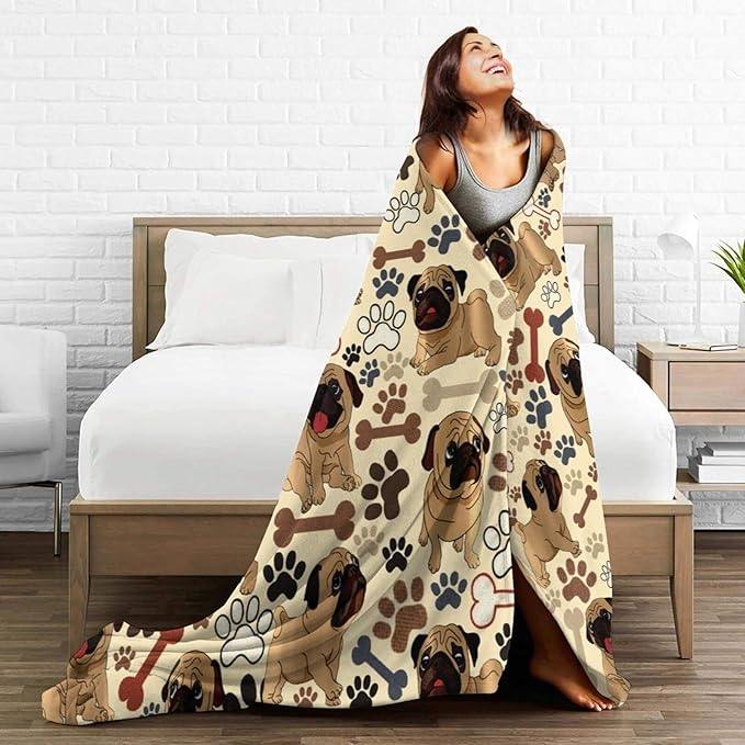 Pug Blanket Dog Paws Throw Blanket Ultra Soft Flannel Blankets for Living Room Sofa Couch Kids Adults Gifts for Pug Lovers 50"X40"