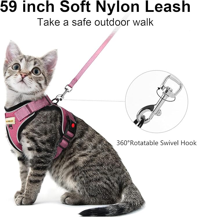Cat Harness and Leash for Walking, Retractable Cat Harnesses and Leash Set Escape Proof, Breathable Soft Kitten Harness Small Large Cat Harness for Travel Training and Walking, Pink, XXS