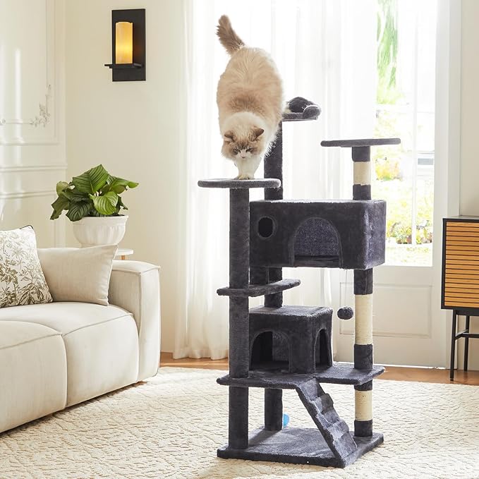 Sweetcrispy 54-Inch Cat Tree Tower – Multi-Level Cat Tower with Sisal Scratching Post, Perfect Cat Gift, Indoor Cat Tree with Condo, Climbing Ladder, Plush Toy, and More Cat Stuff,Grey