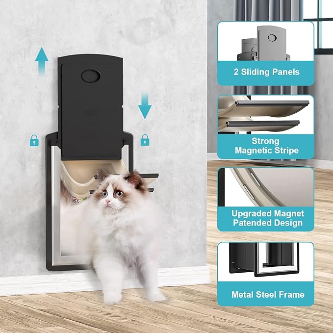 ClawJaw Doggy Door for Wall, Metal Frame and Telescopic Tunnel Pet Door, Double-Sided Wind Deflector and Magnetic Flaps, Easy to Install, Black (Pets Up to 50 Lb)-Medium