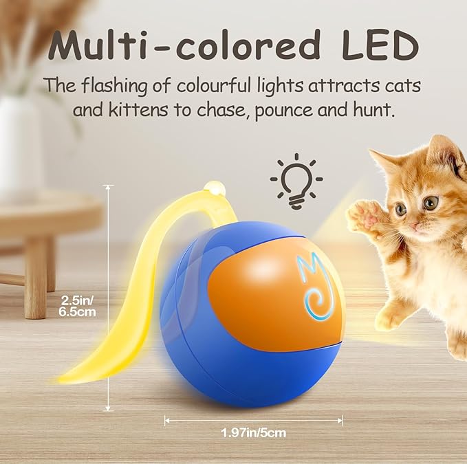 Migipaws Interactive Cat Ball Toy Set, Fun Tracker, Automatic Rolling Chase Ball with Fluffy Tail, A Small Mice, Rechargeable(Blue)