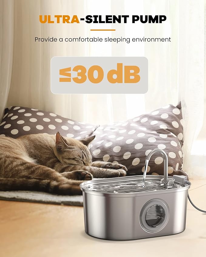 Cat Water Fountain Stainless Steel: with 8pcs Carbon Filter + 8pcs Sponge 108oz/3.2L Pet Water Fountain Cat Fountain - Water Fountain for Cats Inside with Water Level Window Quiet Pump SOOFPET