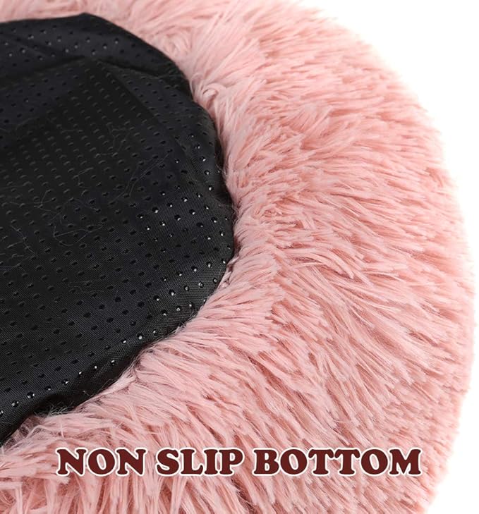 otoez Round Donut Dog Bed for Medium Dogs, Washable Calming Dog Bed Cuddler Anti Anxiety Fluffy Dog Cat Bed with Non-Slip Waterproof Bottom (27.6", Pink)