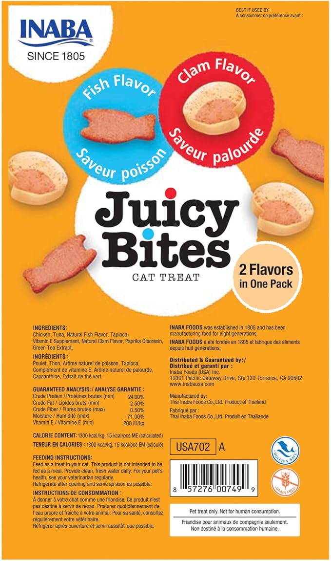 INABA Juicy Bites, Moist & Chewy Cat Treats with Vitamin E and Green Tea Extract, 0.4 Ounces per Pouch, 18 Pouches (3 per Bag), Fish and Clam