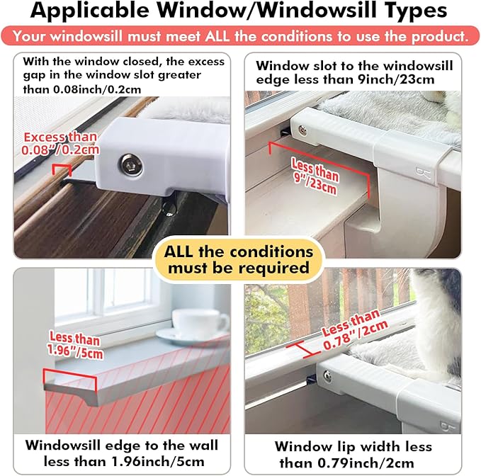 Window Sill Mount Cat Perch for Indoor Cats, One-Step Sliding Clamping Slot Adjustment Cat Hammock with Removable Two Fabrics Cover, No Suction Cups Cat Bed for Windowsill & Bedside (XL)