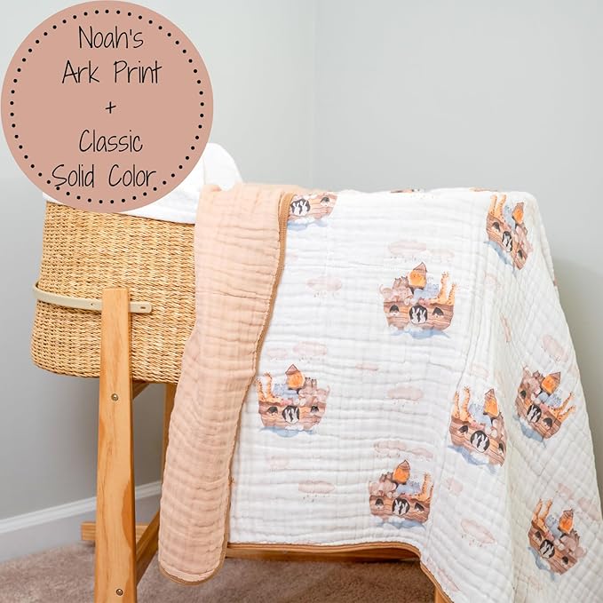 LollyBanks Muslin Baby Blanket 100% Cotton, Muslin Quilt Lightweight, 6 Layers Baby Blankets 47"x 47", Toddler Blanket for Boy and Girl, Nursery Receiving Blankets Baby Essentials (Noah's Ark Pattern)