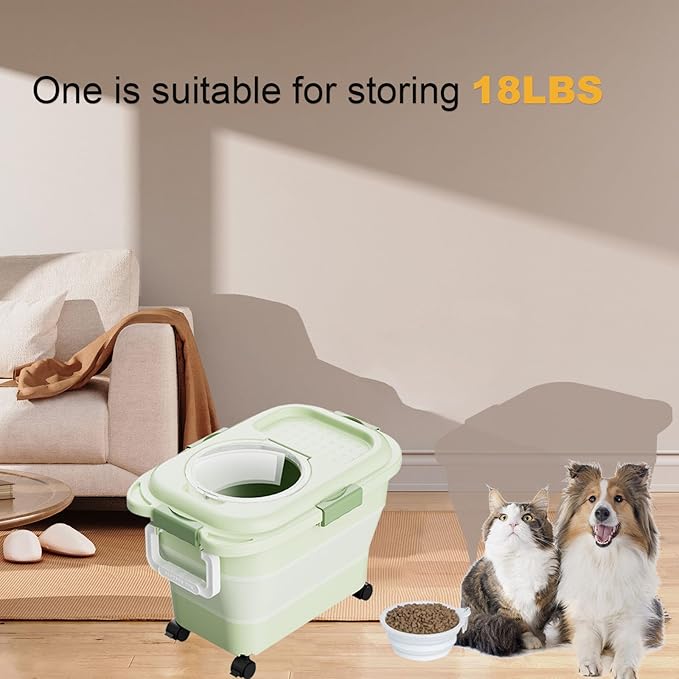 Dog Food Storage Container,Collapsible Dog Food Container with Travel Silicone Bowl and Scoop for Dog/Cat/Bird Food,Keep Dry Food Fresh,Easy to Move.Green(18LB)