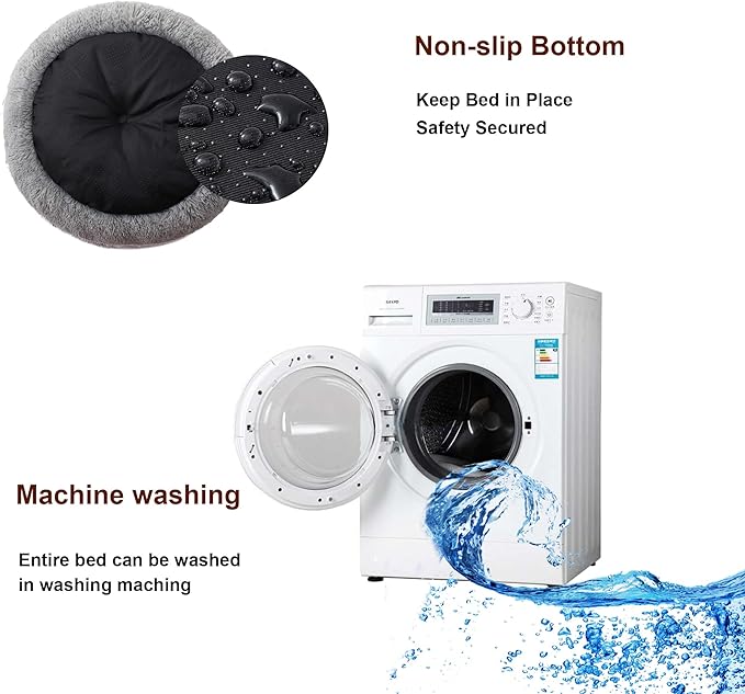 Calming Dog Bed for Cats and Small Dogs, Donut Washable Small Cat Bed for Indoor Cats and Dogs, Anti-Slip Round Fluffy Plush Faux Fur Pet Bed for Small Cats and Dogs (Black White, 19.7'')