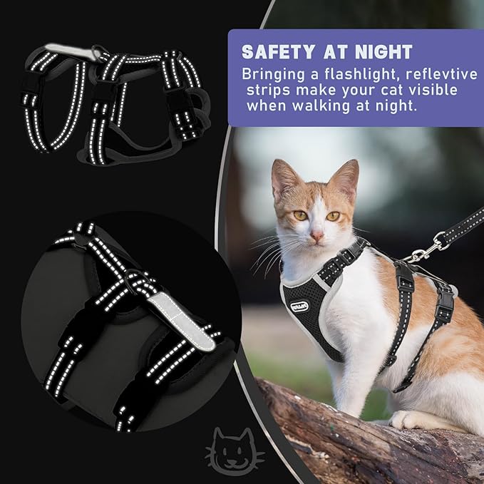 Cat Harness for Walking, Escape Proof Cat Harness and Leash Set with Reflective Strip, Adjustable Cat Leash Breathable Soft Vest for Small to Large Cats, BlackGrey, M