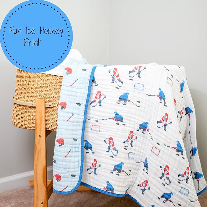 LollyBanks Muslin Baby Blanket 100% Cotton, Muslin Quilt Lightweight, 6 Layers Baby Blankets 47"x 47", Muslin Blanket for Boys, Nursery Receiving Blankets Baby Essentials, Registry (Ice Hockey Print)