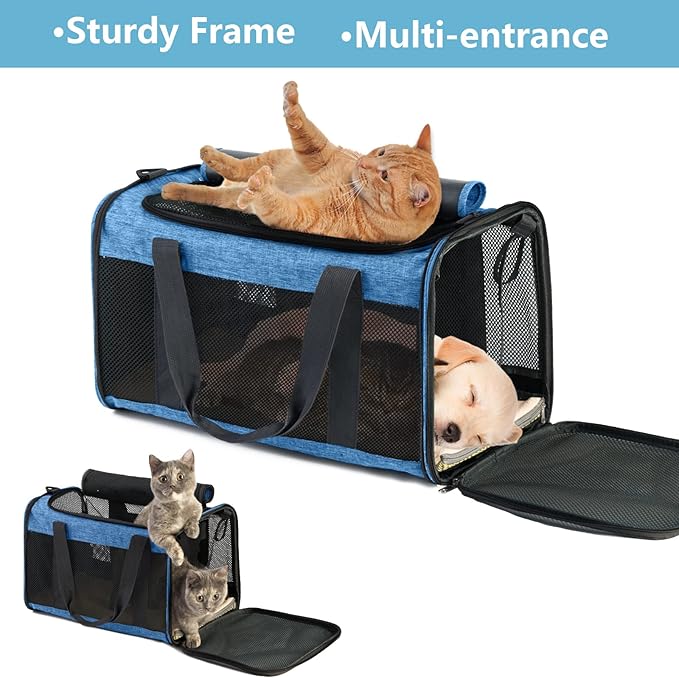 Large Cat Carrier 20lbs - Pet Carrrier Bag - Soft Sided Breathable Mesh Pet Travel Carrier for Dogs, Portable Top Loading Big Cat Carrier for 2 Cats, Folding Dog Soft-Sided Carrier, Blue