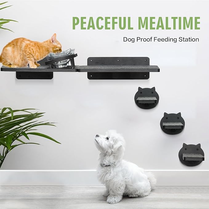 Cat Wall Shelves, Wood Cat Shelves for Wall with Cat Feeding Station, Cat Wall Furniture with 3 Cat Wall Steps, Cat Shelves and Perches, Wall Mounted Cat Climbing Shelf, Cat Lover Gift, 3 Board
