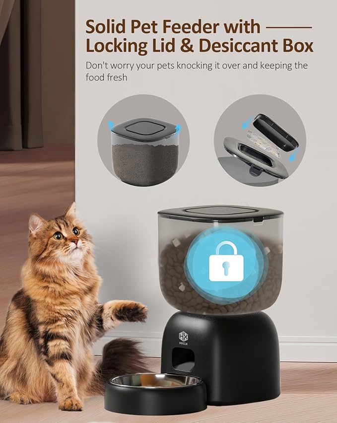 Automatic Cat Feeder with 3L Dry Cat Food Dispenser and 2L Water Fountain, Timed Feeder Dog with Portion Control and Daily Meals, Wire/Battery Automatic Feeders Black