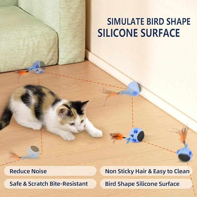 ORSDA Cat Toys, Interactive Cat Toys for Indoor Cats Automatic Moving Ball Bird for Bored Indoor Adult Cat Kitten Toys Ball, Motion Activated Fast Moving Chirping Stimulating Light, 2 Tails (Blue)