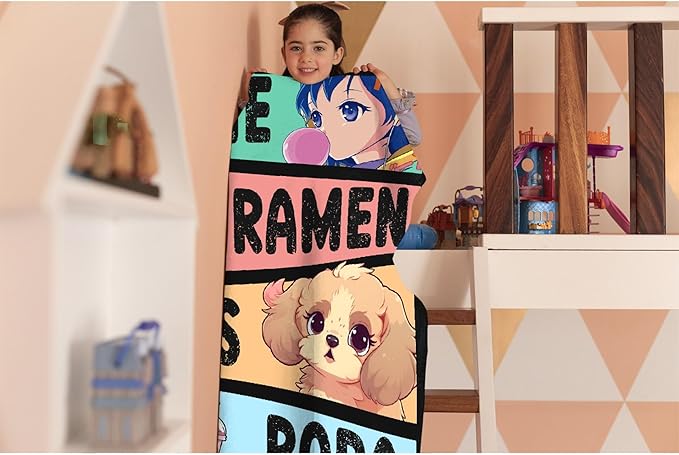 Anime Blanket Gifts for Girls - Kawaii Decor for Women, Ramen Dogs Boba Flannel Blanket - Luxurious Warm and Cozy XL 90x120 Inch for Family