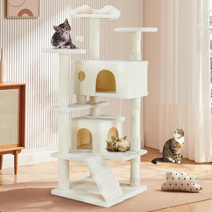 Sweetcrispy 54-Inch Cat Tree Tower – Multi-Level Cat Tower with Sisal Scratching Post, Perfect Cat Gift, Indoor Cat Tree with Condo, Climbing Ladder, Plush Toy, and More Cat Stuff,Beige