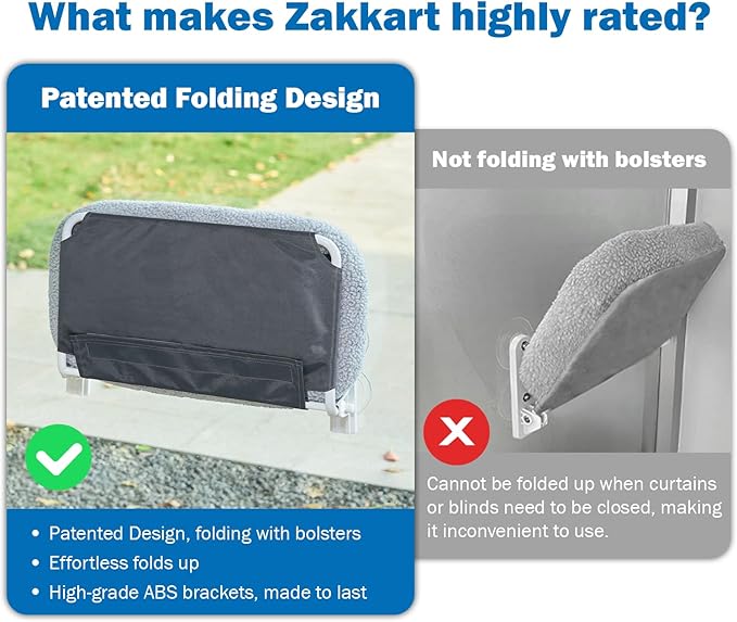 Foldable Cat Hammock for Window - Cordless, Machine Washable Bed, Robust Metal Frame & ABS Brackets - Cat Window Perch for Large Cats and Kitten (Brown Bolster Bed, Large)