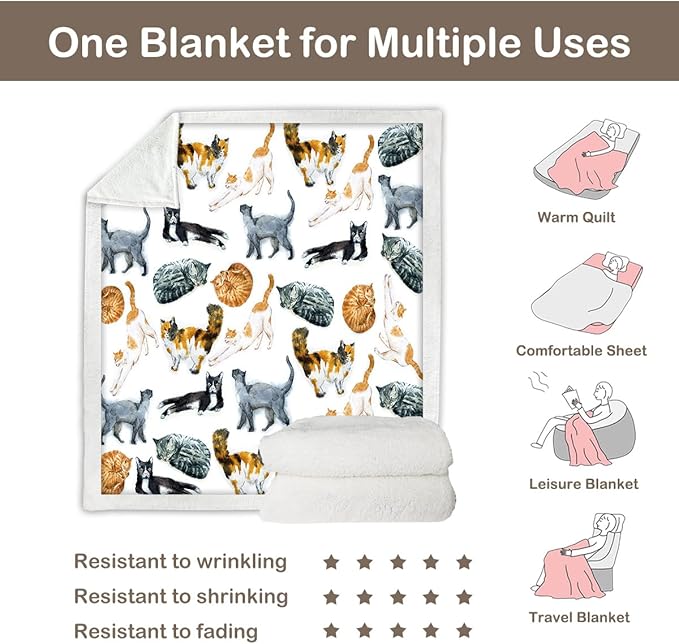 Sleepwish Colorful Cat Fleece Throw Blanket for Couch Chair Fuzzy Kitten Print Plush Sherpa Blanket Gifts for Cat Lovers Kids, Queen(90" X 90")