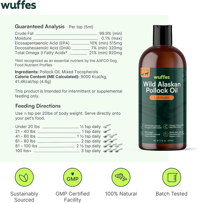 Wuffes Wild Alaskan Pollock Oil for Dogs - Natural EPA & DHA Fatty Acids, Omega 3 for Canines, Supports Healthy Skin and Coat, Joint Nutrition, and Immune System - 100% Pure Fish Oil for Pets - 8 Oz