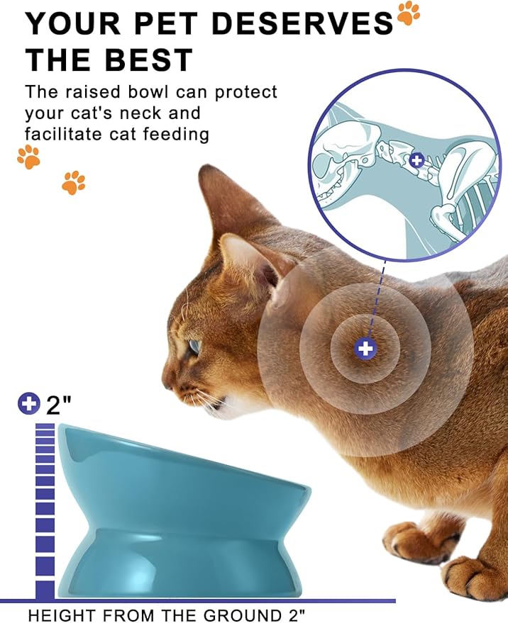 Y YHY Elevated Cat Food Bowl, Ceramic Raised Cat Bowl, Tilt Angle Protect Cat's Spine, Anti Vomiting Cat Dish, Backflow Prevention, Lake Blue