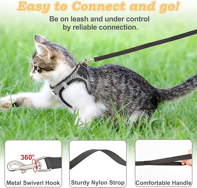 Cat Harness and Leash for Walking Escape Proof, Adjustable Kitten Vest Harness Reflective Soft Mesh Puppy Harness for Outdoor, Comfort Fit, Easy to Control (Gray, XS)