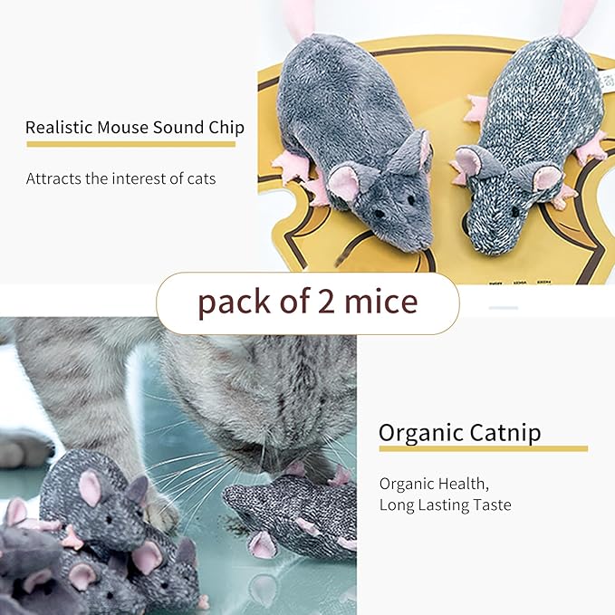 Cat Toy Set Catnip Toy Sets for Kittens, Fun & Engaging Play, Twice The Mice Kitten Toy, Interactive Cat Toy Catnip Toy Soft Plush Catnip Toys for Cats (Twice The Mice) Pack of 2 Toys