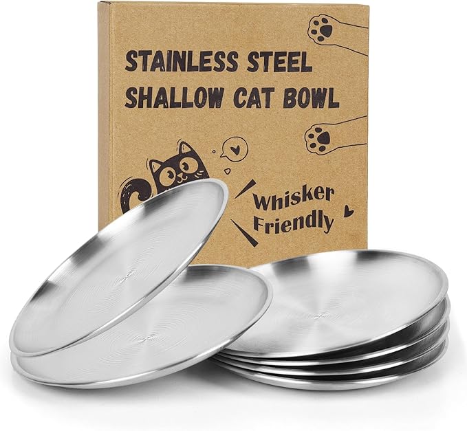 Wide Whisker Friendly Cat Dishes Set 6.7", Stainless Steel Cats Bowls, Shallow Food Bowl, Indoor Kitten Feeding Wet & Dry Food Dish to Prevent Whisker Fatigue(13 OZ) (Cat Dishes, 6 PCS)