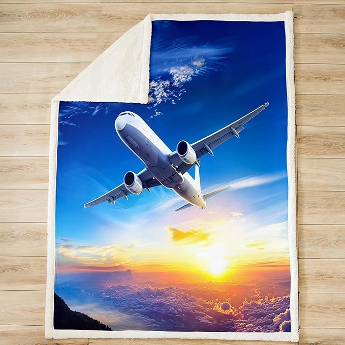 Feelyou Aircraft Throw Blanket Airplane Print Fleece Blanket for Couch Bed Sofa Aircraft Flying Sherpa Blanket Breathable Sunset Scenery Fuzzy Blanket Flying Plane Travel Room Decor Throw 50"x60"