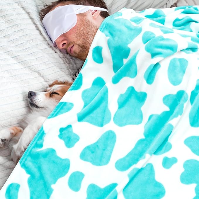 Queen Size Blanket Blue Cow Print Soft Throw Blanket Cozy Fleece Blankets for Adults