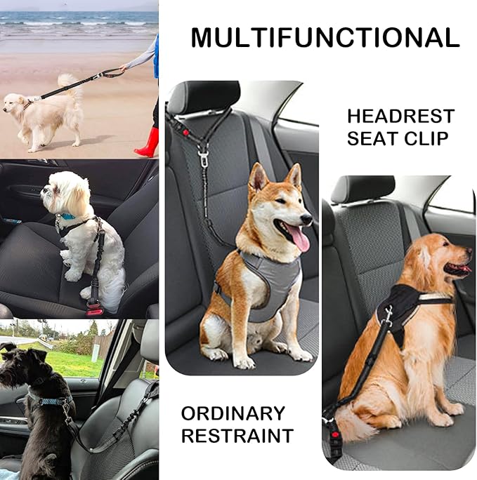 1 Packs Removable Dog Seat Belt Harness for Car, 3 in 1 Pet Dog Car Seatbelt Leash, Retractable Restraint Secures to Vehicle Headrest & Adjustable Reflective Dog Seatbelt Tether