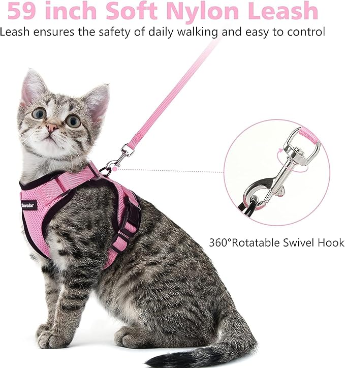 Dooradar Cat Harness and Leash Set, Escape Proof Safe Adjustable Kitten Vest Harnesses for Walking, Easy Control Soft Breathable Mesh Jacket with Reflective Strips for Cats, Pink, XXS