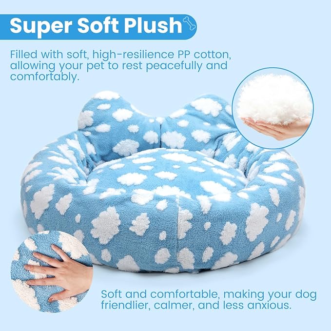 Cat Bed & Dog Bed, Removable Cozy Soft Cat Bed Washable Round Cute Dog Bed with Jacquard for Small Medium Cats and Dogs, Blue Sky M