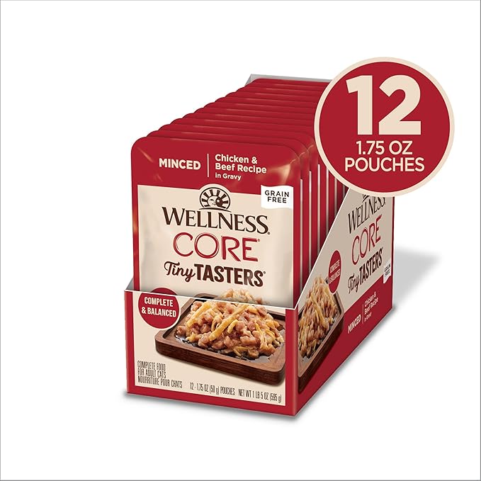 Wellness CORE Tiny Tasters Wet Cat Food, Complete & Balanced Natural Pet Food, Made with Real Meat, 1.75-Ounce Pouch, 12 Pack (Adult Cat, Minced Chicken & Beef in Gravy)