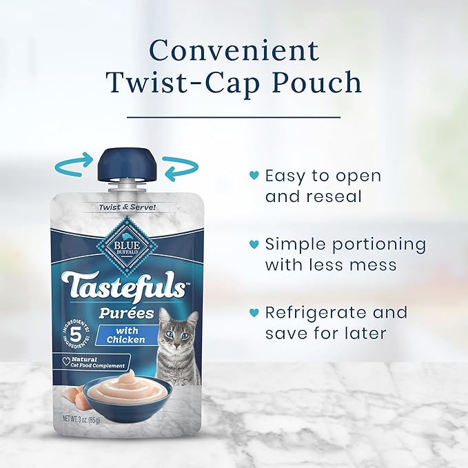 Blue Buffalo Tastefuls Purées with Chicken, Natural Cat Food Complement, Resealable Twist Cap Pouches, 3-oz (12 Count)