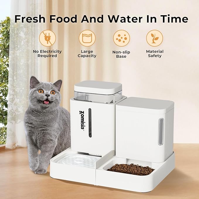 Gravity Cat Feeder and Water Dispenser, 2 in 1 Cat Self Feeder with 180 Degree Rotatable, 2 Pack Automatic Feeding Large Capacity for Small Medium Dog Puppy Kitten, White, 0.8 Gallon x 2