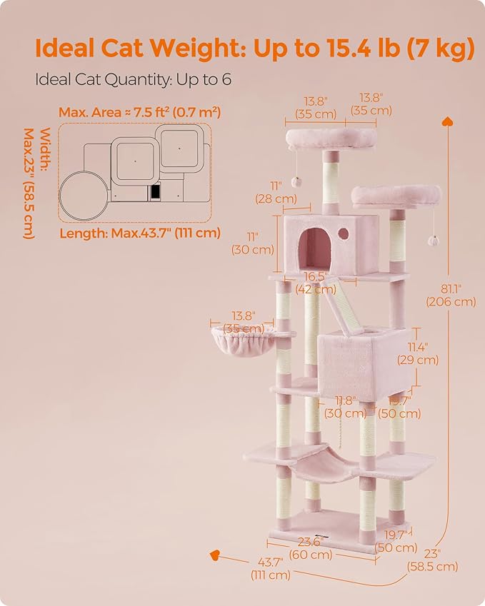 Feandrea Cat Tree, 81.1-Inch Large Cat Tower with 13 Scratching Posts, 2 Perches, 2 Caves, Basket, Hammock, Pompoms, Multi-Level Plush Cat Condo for Indoor Cats, Jelly Pink UPCT190P01