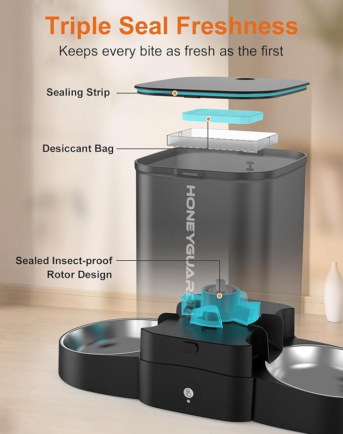 HoneyGuaridan 3.5L Automatic Cat Feeder for Two Cats, 2.4G WiFi Enabled Smart Feed Pet Feeder with Stainless Steel Bowl,APP Control Dispenser, Dual Power Supply,Desiccant Bag,10s Meal Call Black