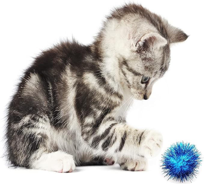 1.8 Inch Assorted Color Flash Ball Cat's Favorite Toy Ball Tinsel Pom Poms Flash for Kittens Exercise and Multiple Cats Play and Chase, 100Pcs